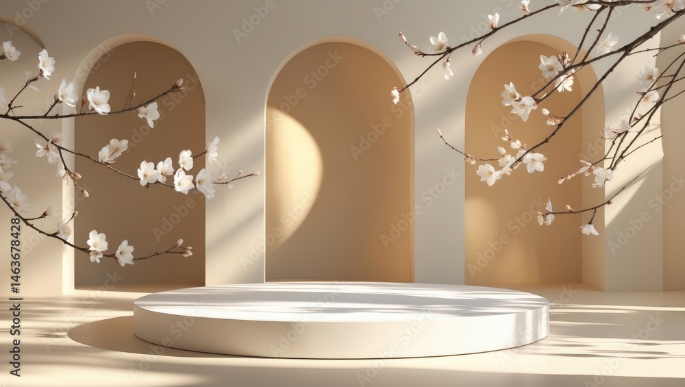 Poster blooming spring tree branches with shadow behind them