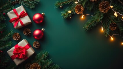 Merry Holidays greeting card with festive frame and banner, surrounded by gifts, red ribbons, and ornaments on green background, top view, winter holiday motif, flat lay