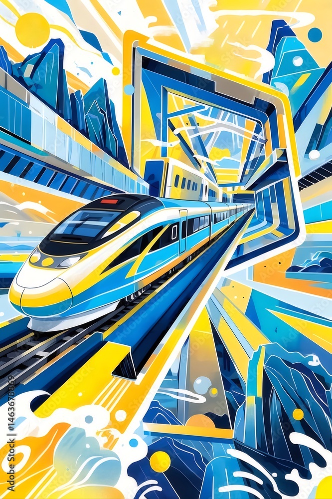 Poster 青と黄色のモダンな高速列車がトンネルを通過 未来的な輸送デザインのイラスト
