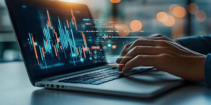 Analyzing digital financial data with futuristic technology interface on a laptop display