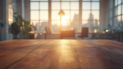 A warm and inviting office space with a wooden table in the foreground, the blurred background showcasing expansive windows and glowing ambient light