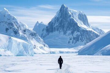 Solitary Journey Across Antarctic Ice - A lone explorer traverses a vast, frozen landscape, dwarfed by towering glaciers. Symbolizing adventure, solitude, resilience, exploration