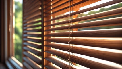 Sunlit wooden window blinds and shutters in a modern interior