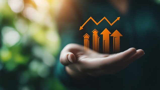 Hand presenting growth trend with arrow charts business success concept financial performance