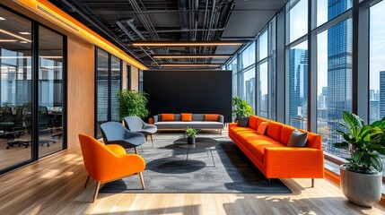 An airy and modern office interior with a prominent black wall mock-up space, stylish furnishings, and panoramic glass windows framing the urban skyline