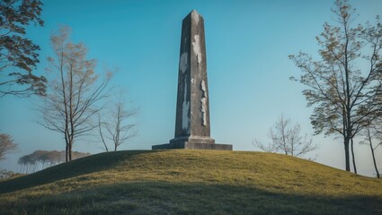 Fototapeta premium A towering, ancient stone slab is positioned on a grassy hill under a clear sky, with sparse trees featuring mixed foliage and distant faint lines.