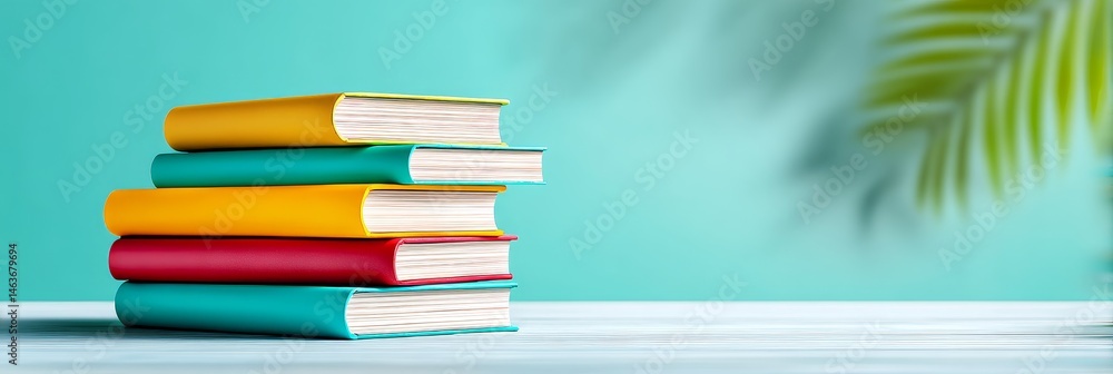 Poster stack of colorful books on table - a stack of colorful hardback books sits on a light blue table aga