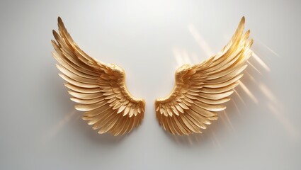 Obraz premium Shiny gold-colored metal wing with feather details, fantasy-inspired angel and deity concept