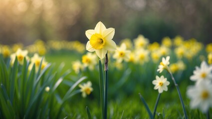 Obraz premium Detailed view of fresh daffodils with yellow petals in a lush garden