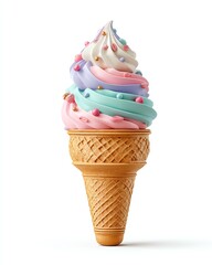 Pastel Swirled Ice Cream Cone with Sprinkles on White