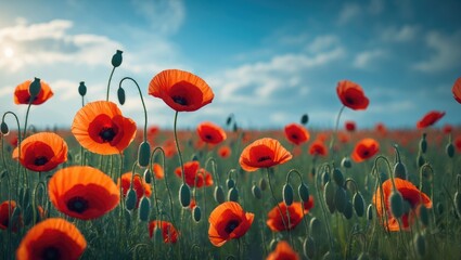 Fototapeta premium Sunset over a battlefield poppy landscape