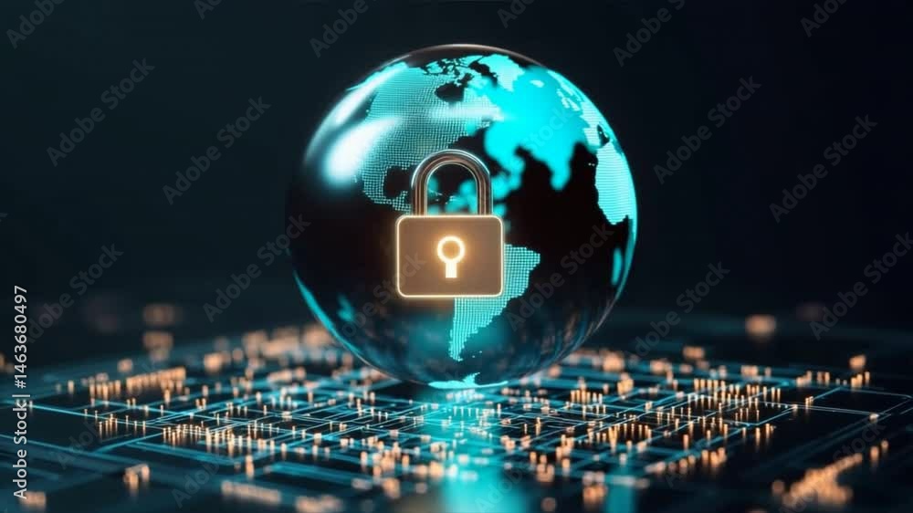 Poster a digital globe with a padlock symbolizing cybersecurity and global protection in the tech world.