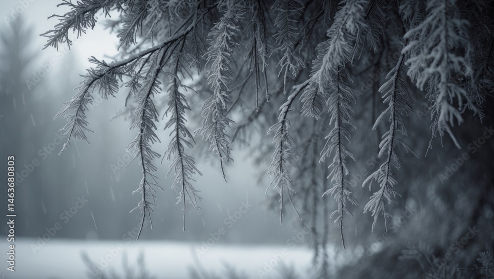 Poster branches blanketed in snow hang low in a serene winter scene with soft snow and calm atmosphere.