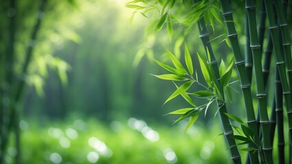 Calm bamboo and grass landscape featuring natural light and blurred background