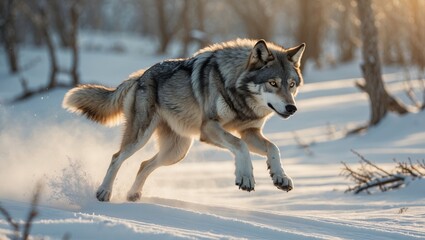 Fototapeta premium Dog and wolf hybrid leaping over snow during winter