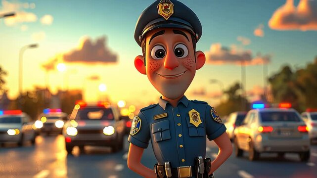 Friendly cartoon police officer on a city street at sunset