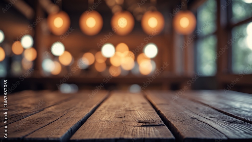 Poster empty rustic table set against a blurred, abstract bokeh backdrop, ideal for showcasing products