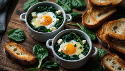 Baked eggs en cocotte with cream, cheese, and spinach on a wooden table, accompanied by warm toasts