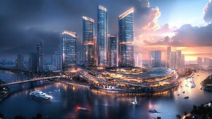 Naklejka premium An urban masterpiece in Marina Bay, Singapore, with glass skyscrapers blending with the natural beauty of the bay, highlighting the balance of business and sustainability 