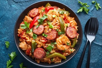Fototapeta premium Top View Creole Jambalaya Rice Dish - A vibrant and flavorful Creole jambalaya, a classic Cajun and Creole rice dish, featuring succulent shrimp, chicken
