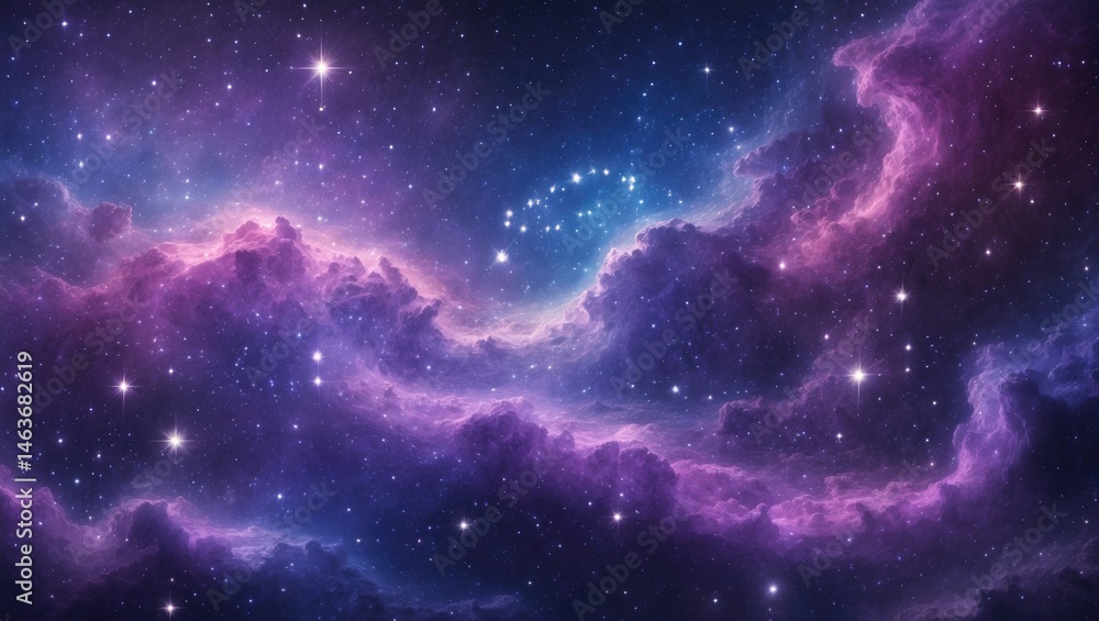 Poster interstellar dust and a colorful nebula surrounding a star field in space