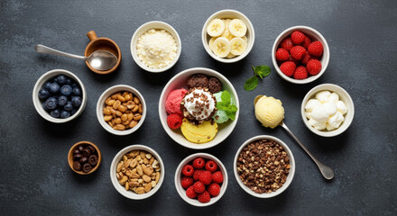 Ice cream sundae with assorted toppings and fresh fruits in bowl. Colorful gelato scoops with berries, nuts and banana slices. DIY dessert bar. Gourmet ice cream parlor and customizable treats.