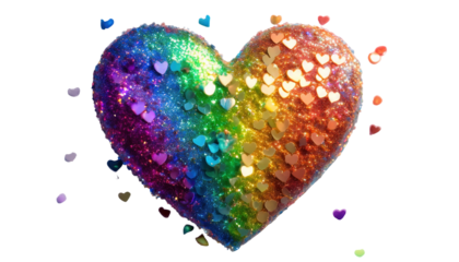 Colorful Glitter Heart with Rainbow Sparkles and Shiny Love Symbols on transparent background