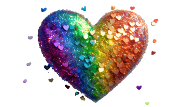 Colorful Glitter Heart with Rainbow Sparkles and Shiny Love Symbols on transparent background