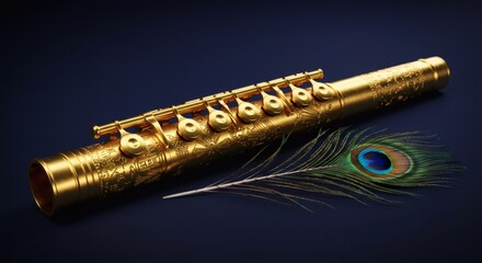 Naklejka premium Elegant Golden Flute with Peacock Feather on Dark Background Display
