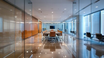 Contemporary workspace with glass walls surrounding a minimalist meeting table, polished flooring, and soft overhead lighting