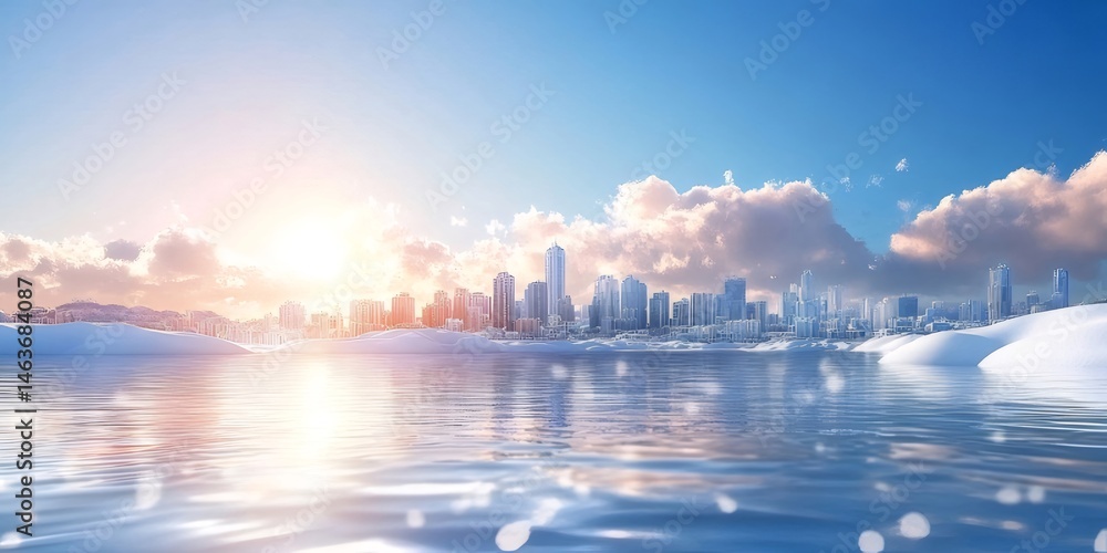 Poster 光る空の下の雪に覆われた都市のスカイラインの静かな冬の風景と湖と反射に包まれた水面と雲が描かれた風景