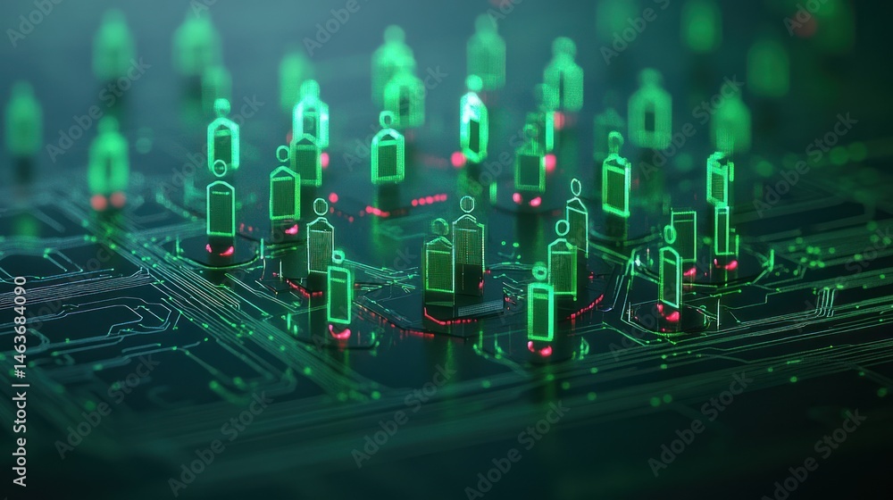 Poster digital network glowing green figures on circuit board abstract technology visualization