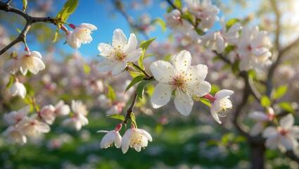 Blooming spring fruit trees in a lush garden setting with room for text or design