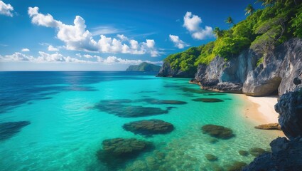 Obraz premium Explore a tropical paradise with white sand beaches and crystal-clear ocean views