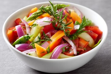 Vibrant Vegetable Salad Bowl - A colorful and healthy vegetable salad, perfect for a light lunch or side dish. Featuring carrots, red onion, tomatoes, and asparagus