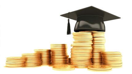 Gold coins stack with graduation cap education costs and financial success