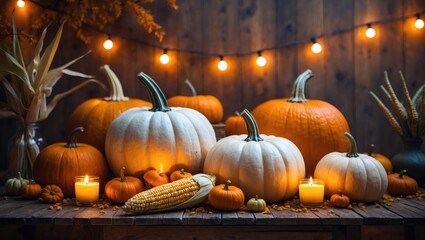 Festive Fall Scene Featuring Pumpkins, Corncobs, and Harvest Decor