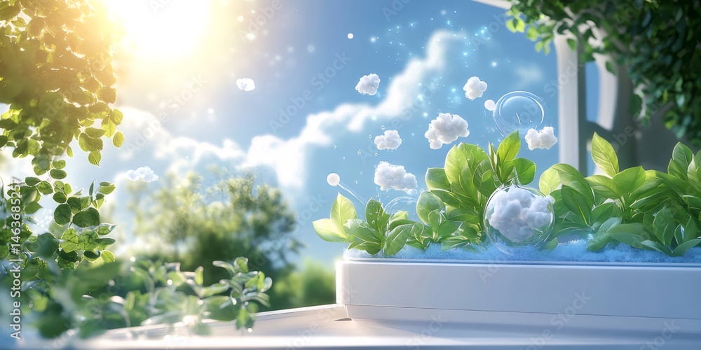 Poster 明るい太陽光の下で育つ鮮やかな緑の植物 庭のプランターボックスに植えられた葉と雲が浮かぶ空の背景にソフトフォーカス