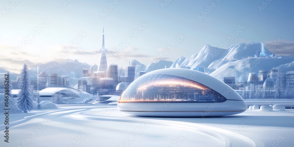 Poster 雪に覆われた未来都市の風景 白い建物と雪山を背景に青空が広がる 交通輸送技術をテーマにした冬の美しい風景
