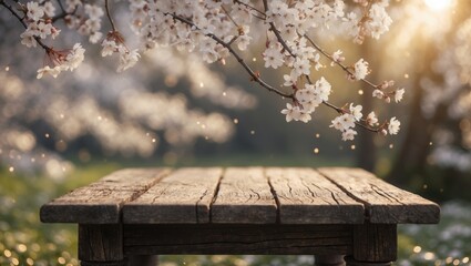 Naklejka premium Decorative garden with white cherry blossoms, a vacant wooden table, and sunlight for decoration