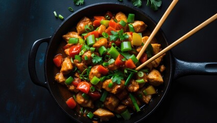 Delicious Chicken Manchurian with Vegetables and Spicy Sauce in a Pan - Asian Gourmet Dish