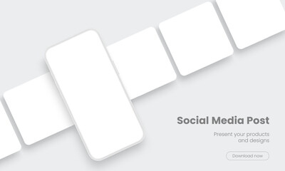 Clay Cellphone With Blank Square Social Media Posts Templates. Vector Illustration