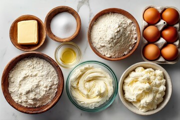 Baking ingredients for delicious desserts with eggs, flour, and butter