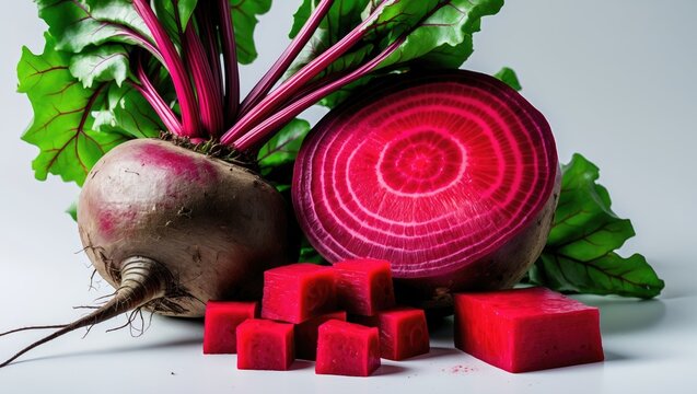 Whole and cut red beetroot with diced pieces isolated on white background