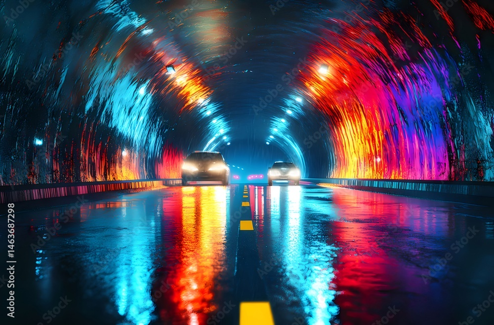 Poster カラフルなライトが輝くトンネルを走行する車の夜景 都市高速道路のダイナミックなモーションとモダンな都市交通輸送の背景