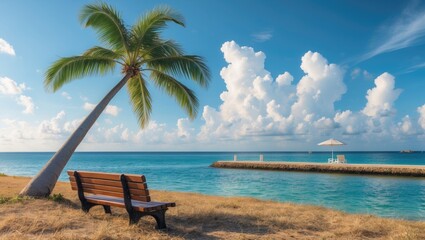 Sunlit coastal scene featuring a leaning palm tree over a grassy bench by the ocean, with a breakwater and beach umbrella in the background
