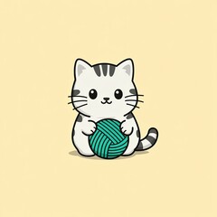 Obraz premium Cute cartoon cat holding yarn ball