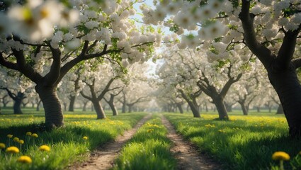Fototapeta premium The orchard's blooming apple and cherry trees seen from a distance
