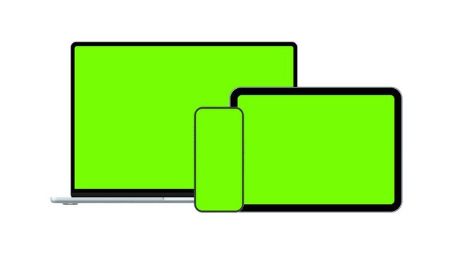 Modern Blue Animated Laptop, Smartphone, Horizontal Tablet, Front View, with Blank Screens, Isolated on White Background