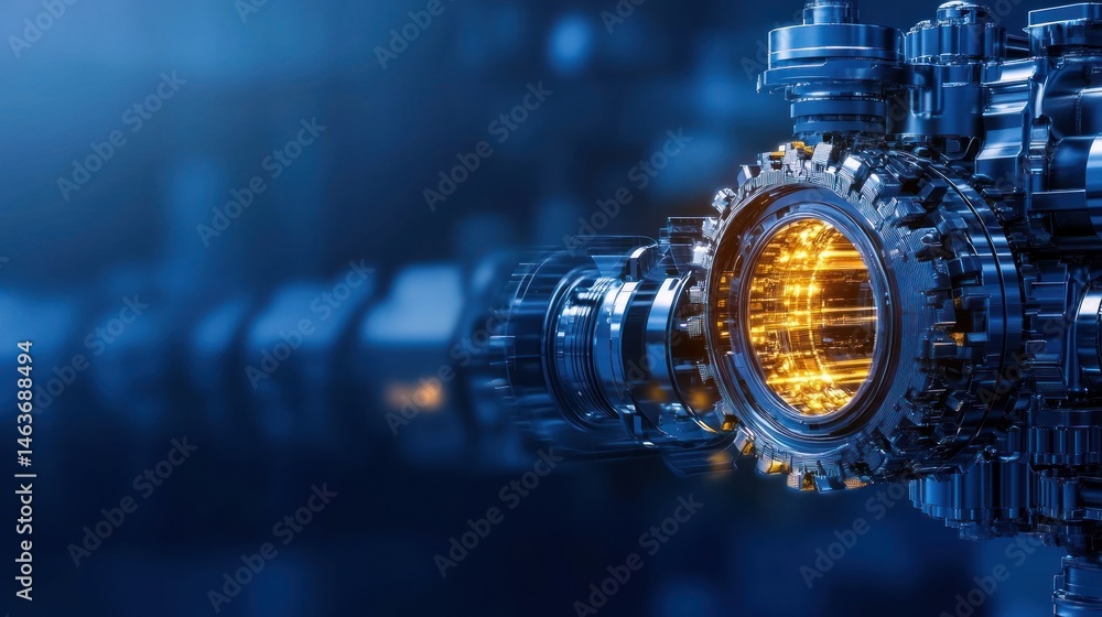 Poster complex metallic machine component with glowing inner parts